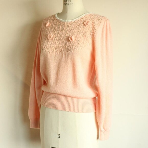 Vintage 1980s Sweater, Rt Mind Pink Pointelle Knit Pullover, Bishop Sleeve - Picture 8 of 10